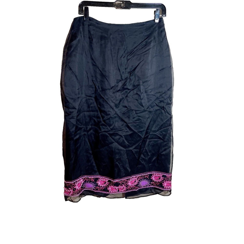 Vintage Clio‎ Pencil Straight Skirt Womens 10 Black Silk Embroidered Beaded 90s